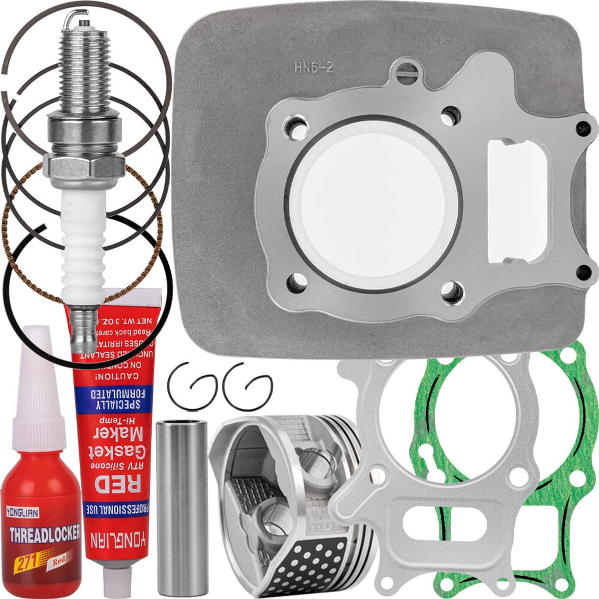 Engine cylinder block with mounting holes and ports, with piston rings and gaskets