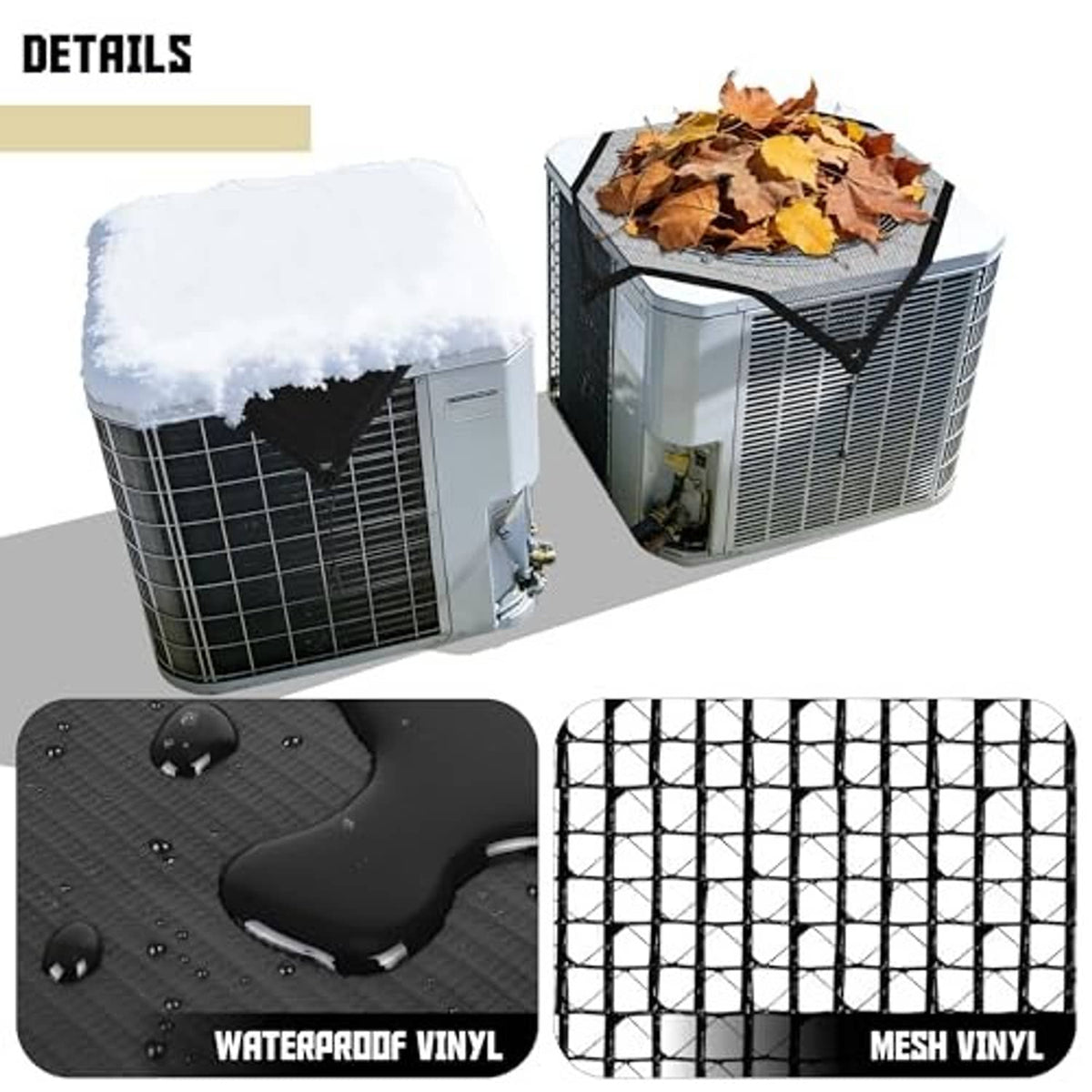 Outdoor AC cover with mesh vinyl panels and waterproof vinyl underside detail