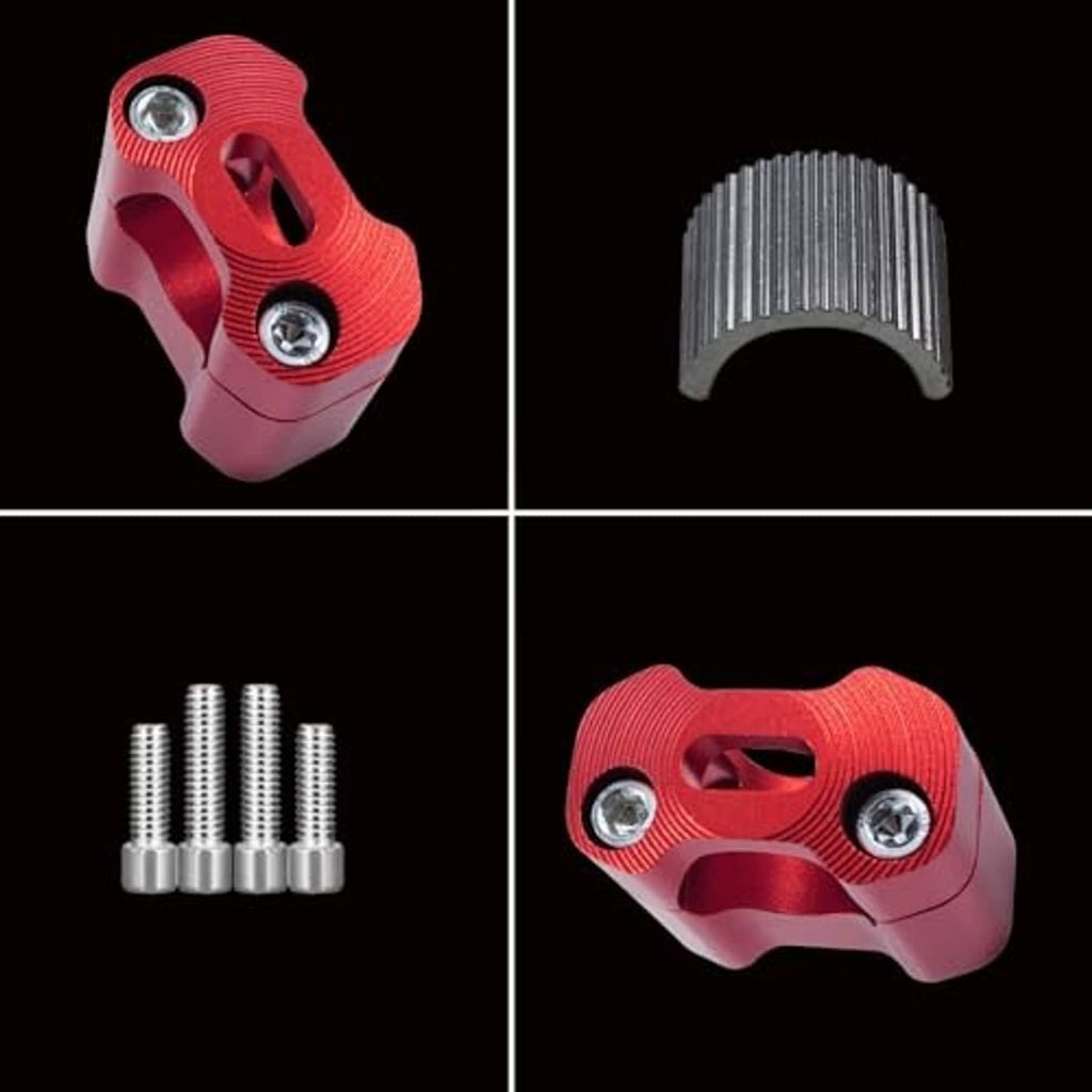 Red handlebar riser with split adapter insert and four silver bolts for mounting