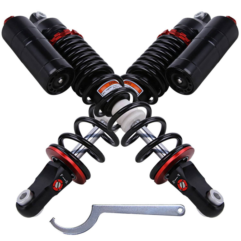 Pair of black front air shock absorbers with red rings and coil springs