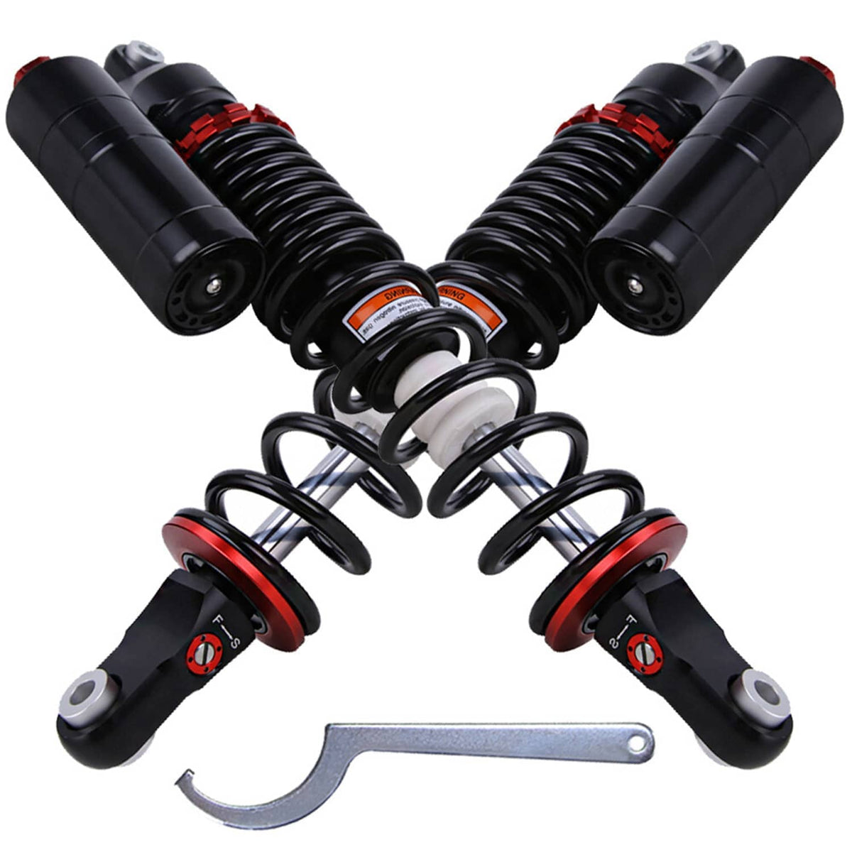 Pair of black front air shock absorbers with red rings and coil springs