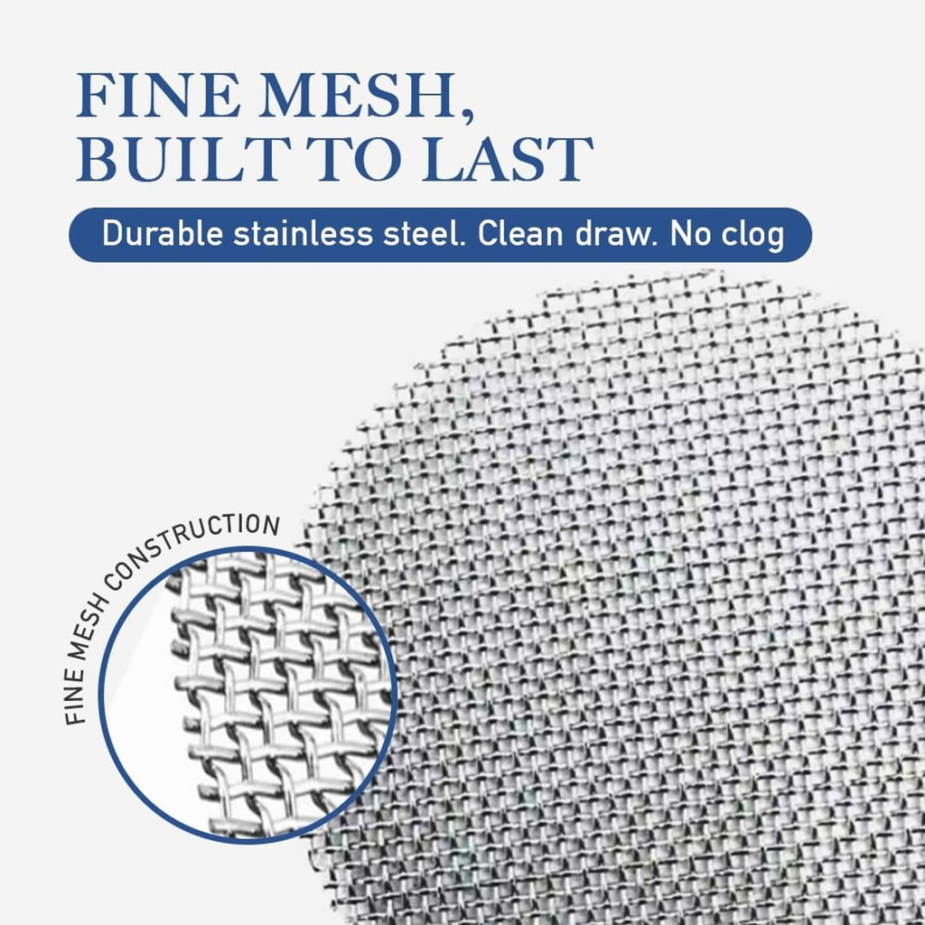 Round stainless steel mesh screen with fine square weave.