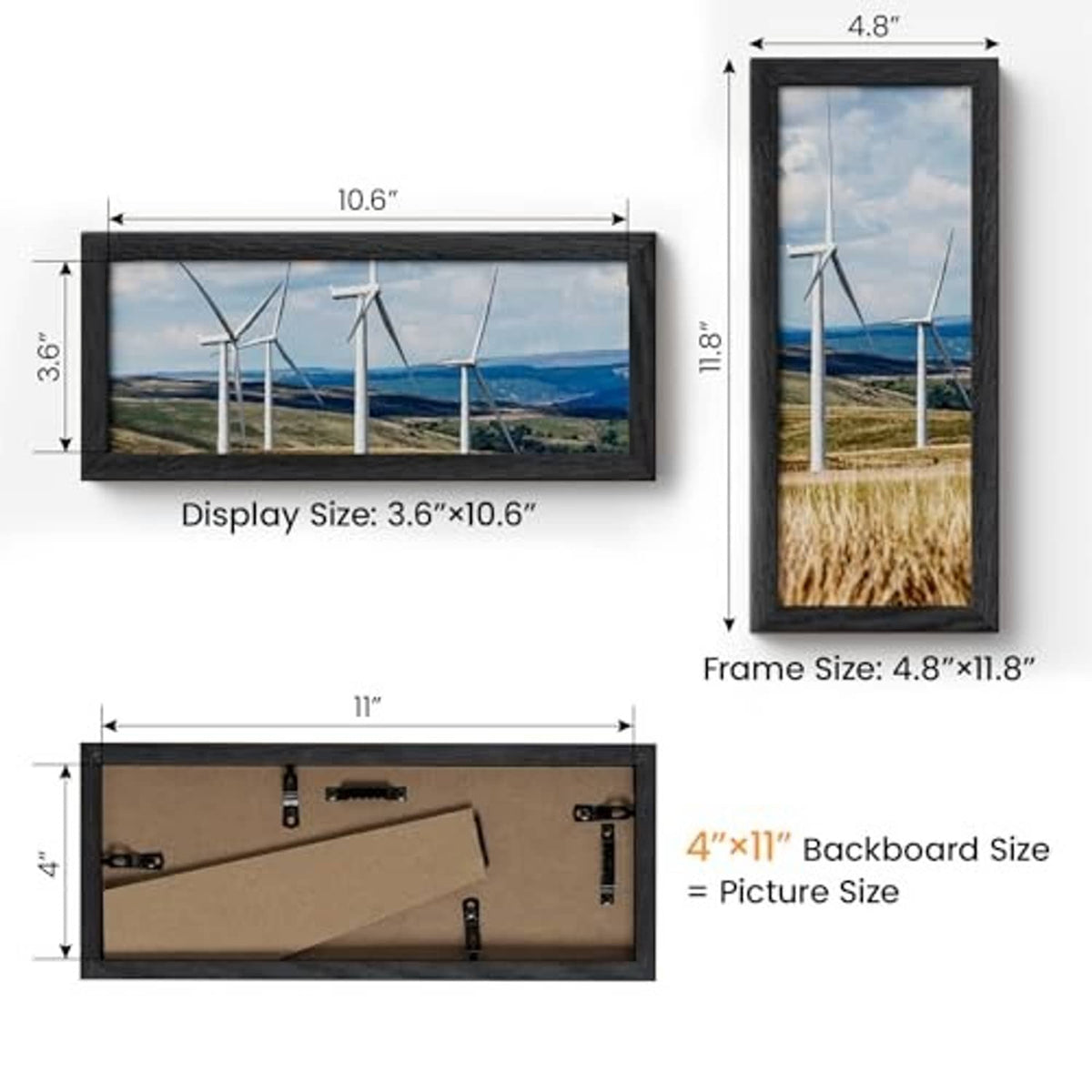 Black 4x11 frame with inner display size and included backboard shown