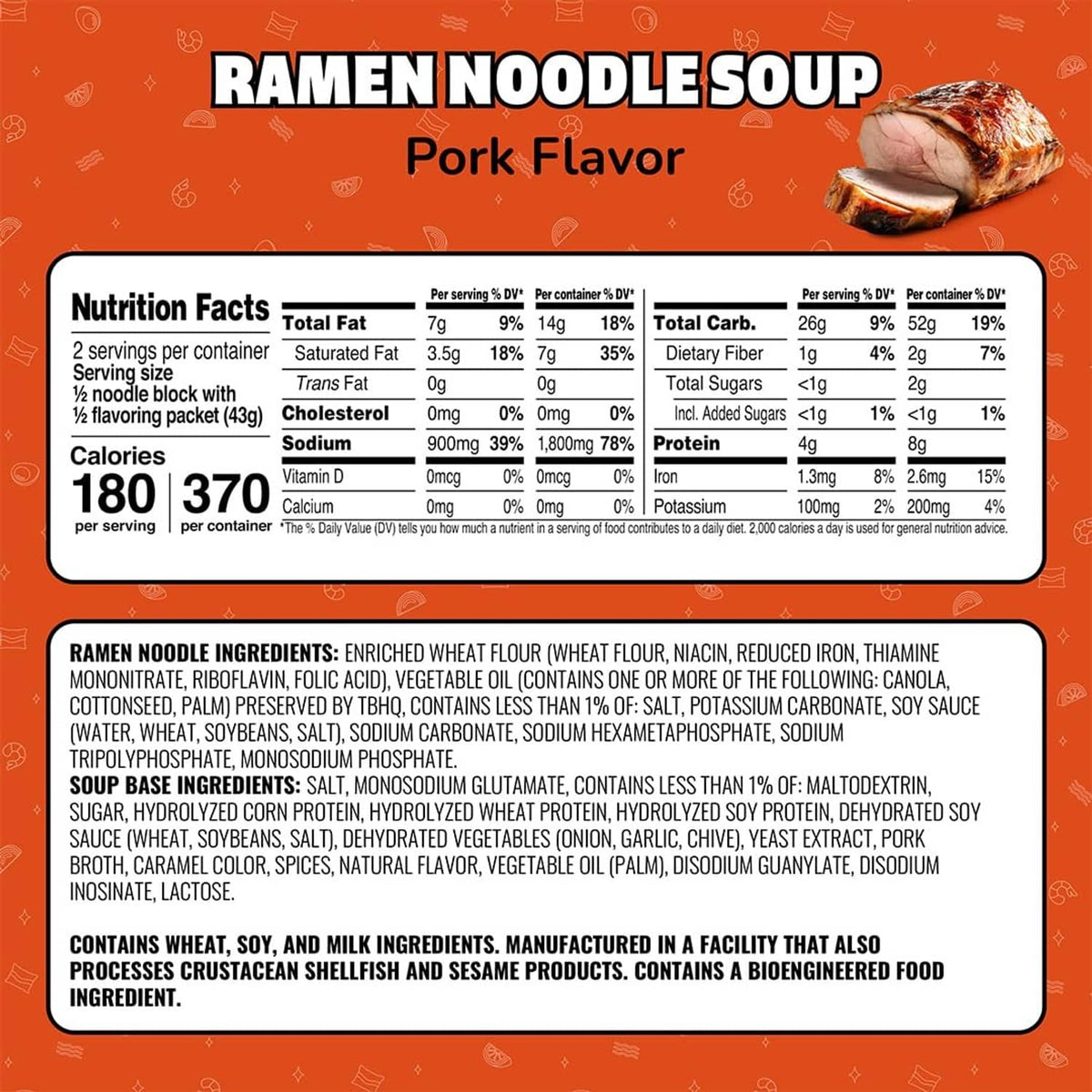 Maruchan ramen noodle soup pork flavor nutrition facts panel on back label