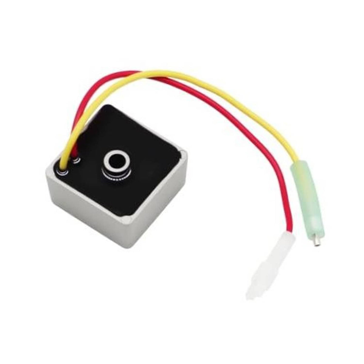 Voltage regulator module with black cover, circular port, and red/yellow/green wiring