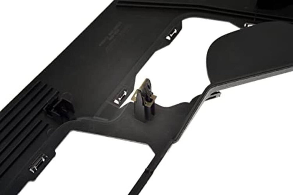 Front driver-side outer seat track cover close-up, dark black plastic with molded slots