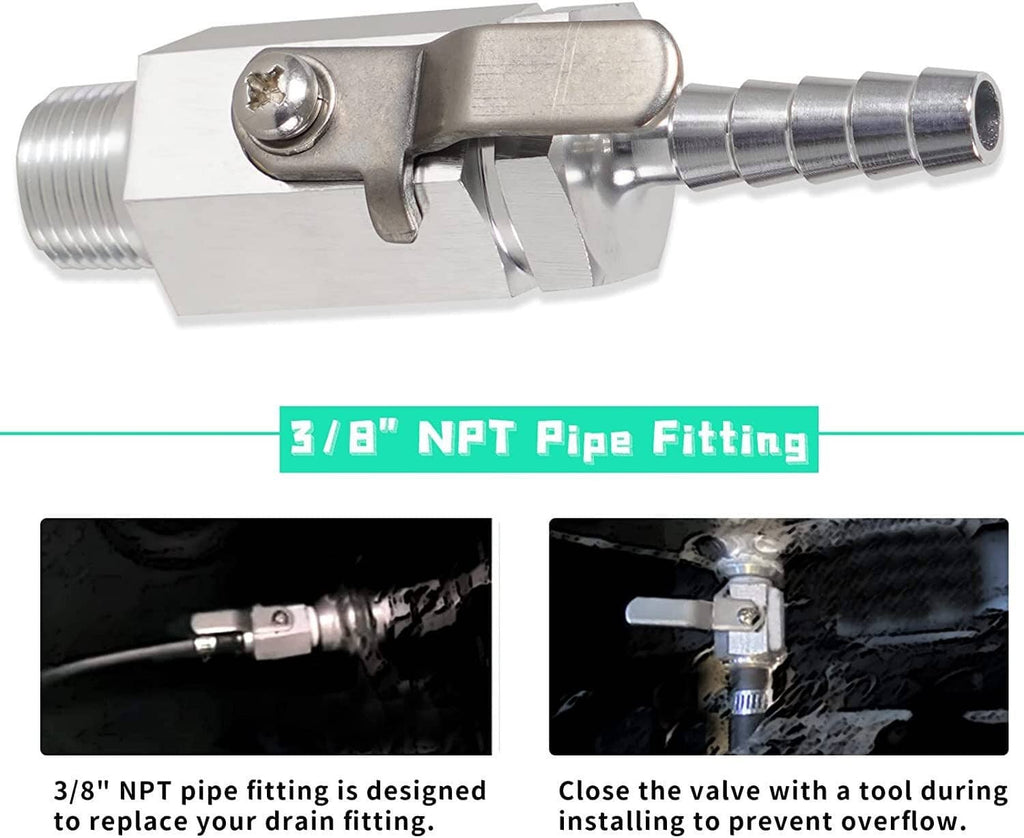 Polished metal auxiliary fuel tank shutoff valve with NPT pipe fitting and hose end