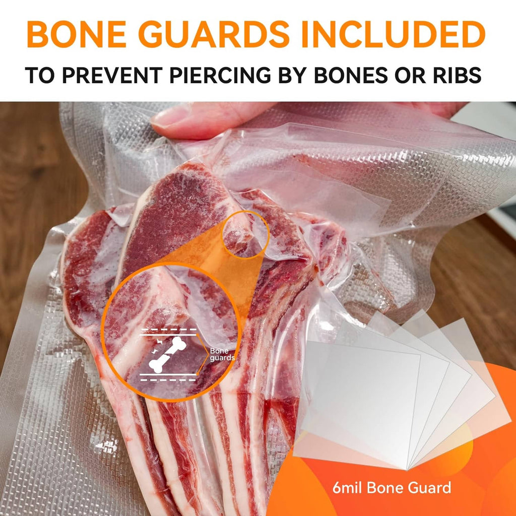Clear vacuum sealer bag with bone guards holding wrapped meat cuts