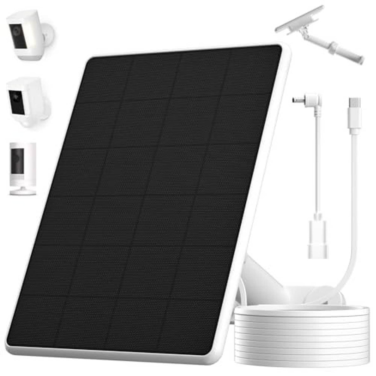 Black solar panel with white frame and connected cable set