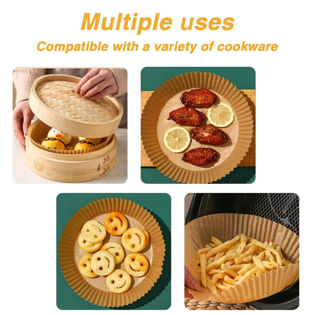 Brown air fryer paper liners for multiple foods: wings, fries, and baked items.