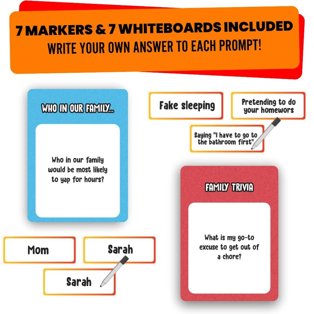 Family trivia prompt cards with header reading 7 markers & 7 whiteboards included