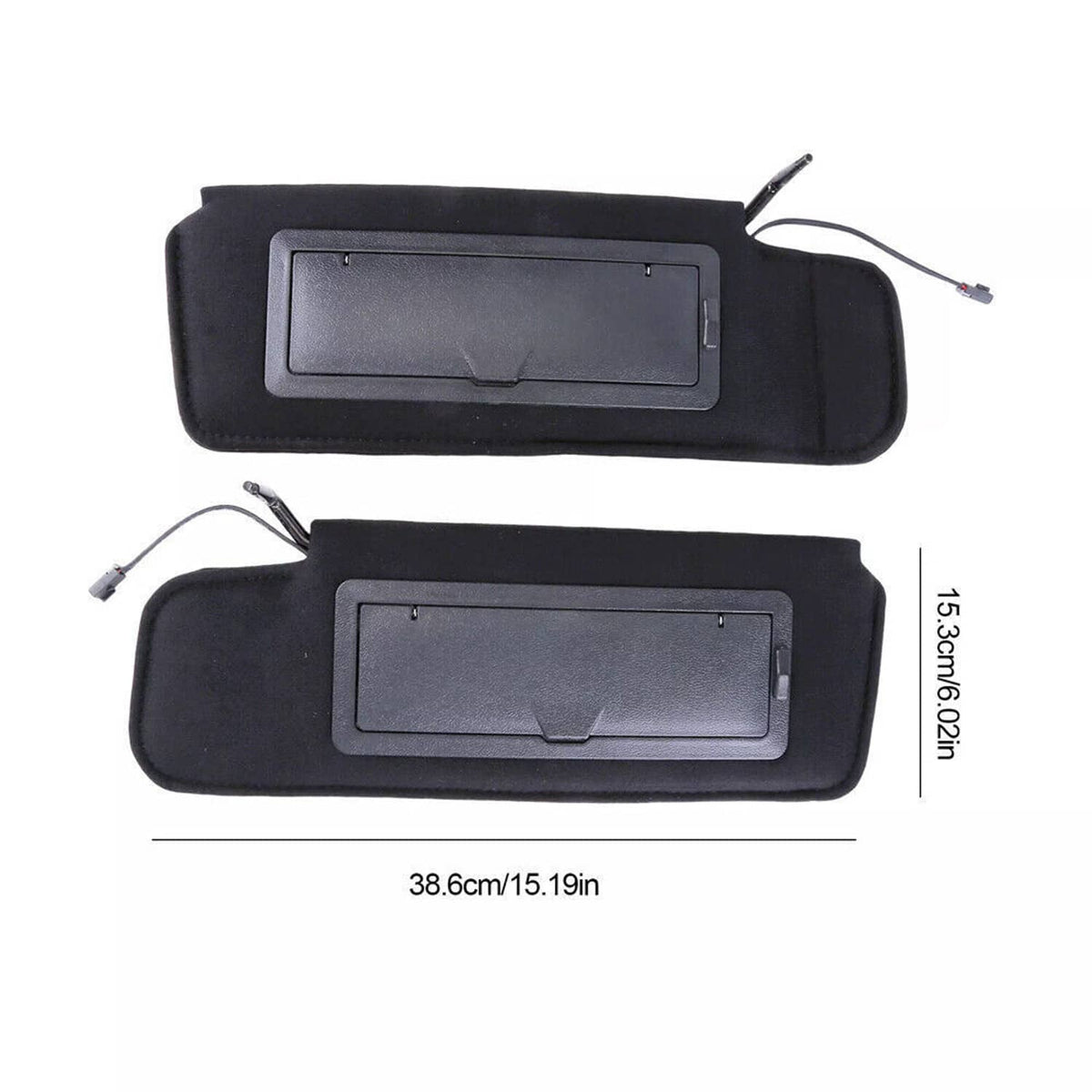 Black car sun visors with vanity mirror window and LED lights, front view
