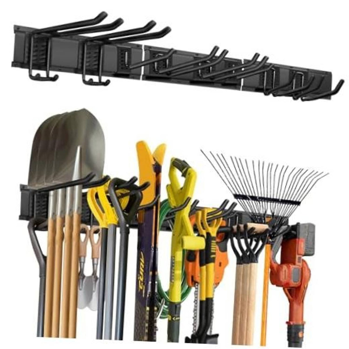 48-inch black wall-mounted tool organizer rack with multiple curved hooks