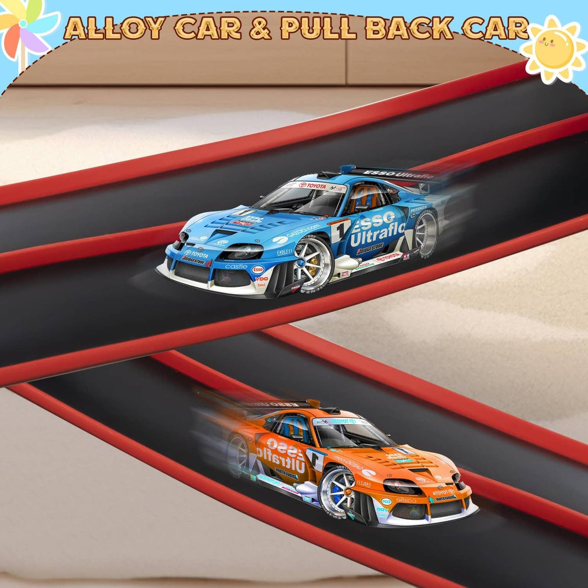 Toy alloy race cars on black-and-red car track with two parallel lanes