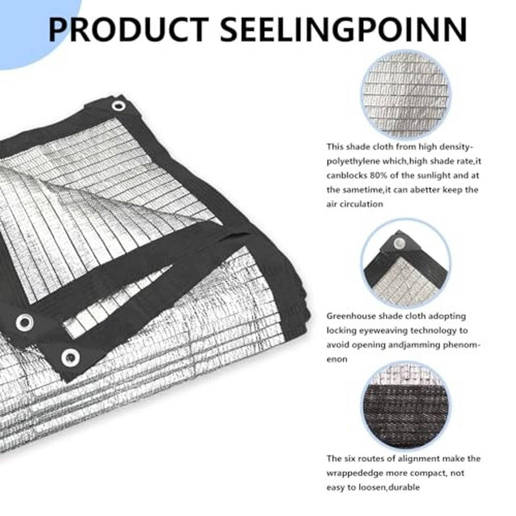 Silver aluminet mesh tarp with black fastening straps and metal grommets