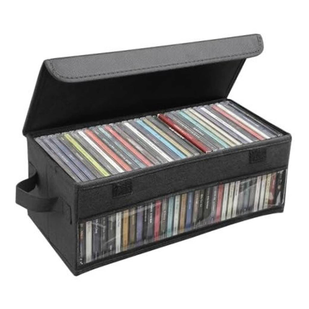 Black CD storage box with flip-top lid, side handle, and clear front window for discs