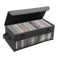 Black CD storage box with flip-top lid, side handle, and clear front window for discs