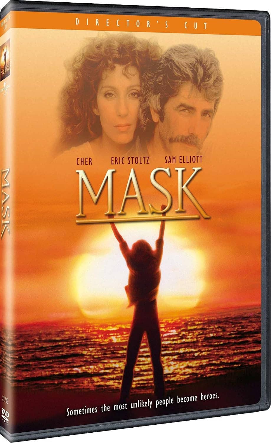 DVD case front with sunset ocean background, raised-arms silhouette, and couple faces