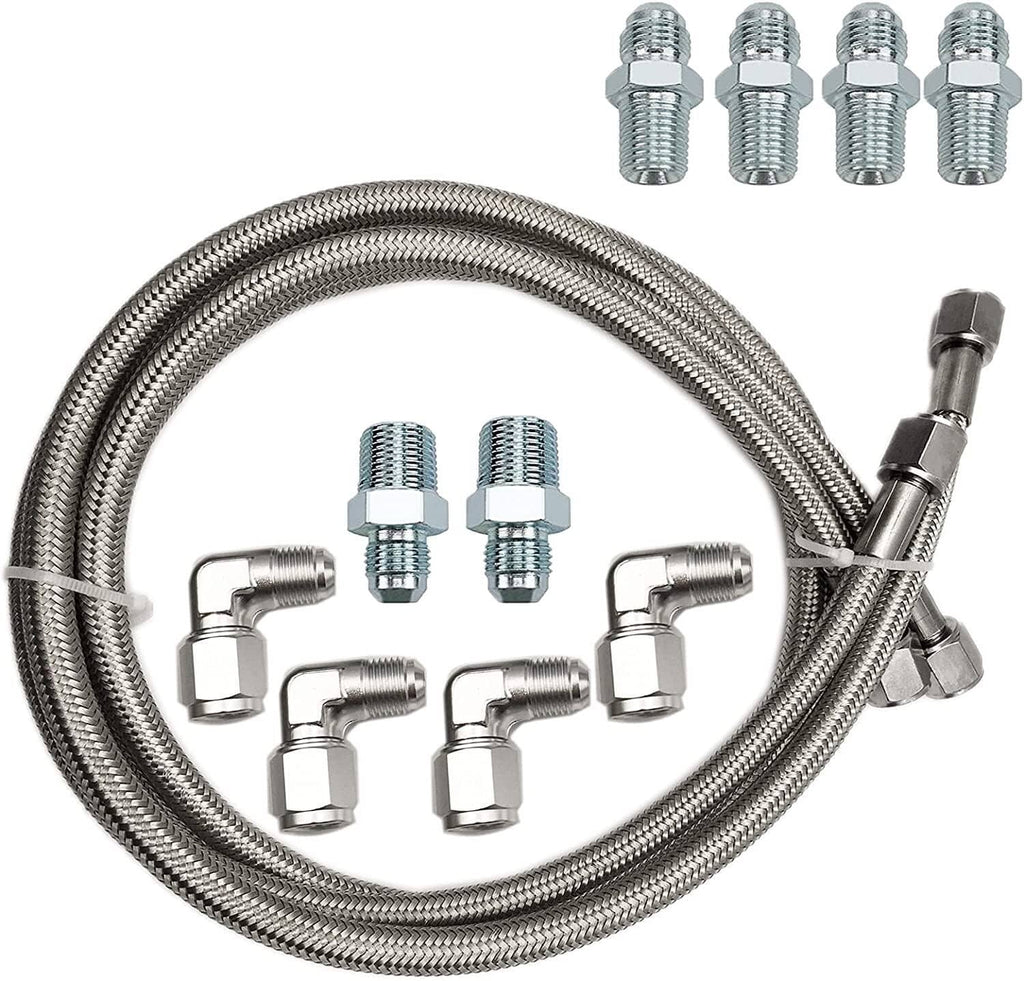 Braided transmission cooler hose kit laid out with threaded and flare fittings