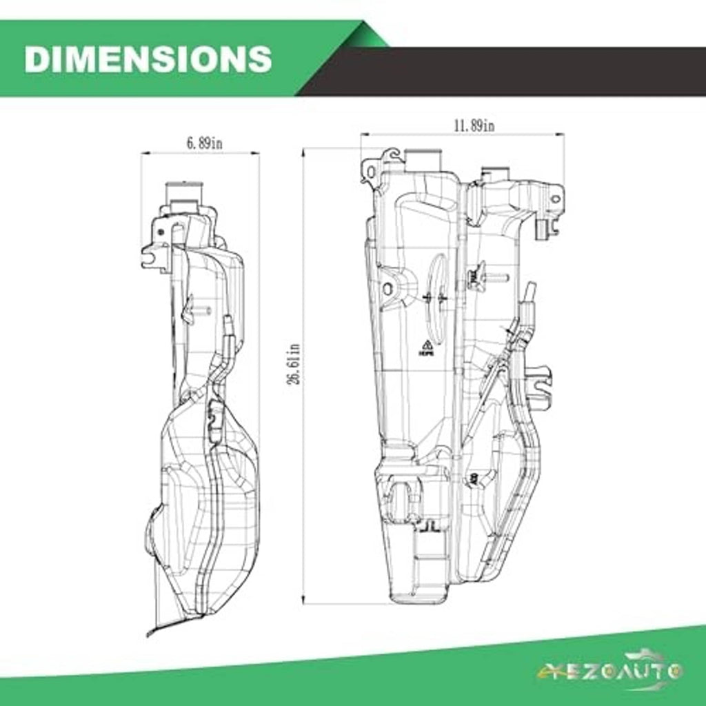 Coolant reservoir dimensions diagram with side and front measurements