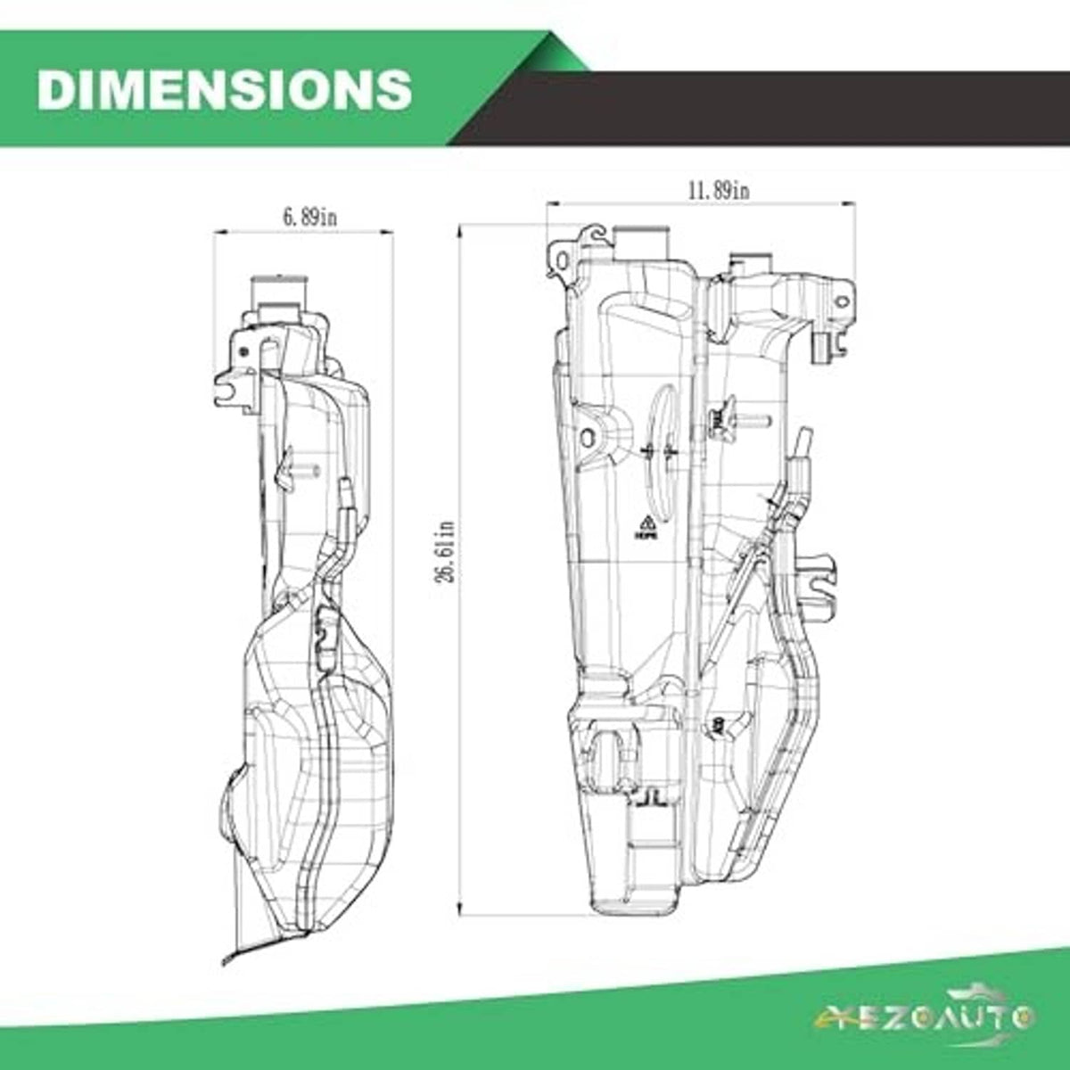 Coolant reservoir dimensions diagram with side and front measurements