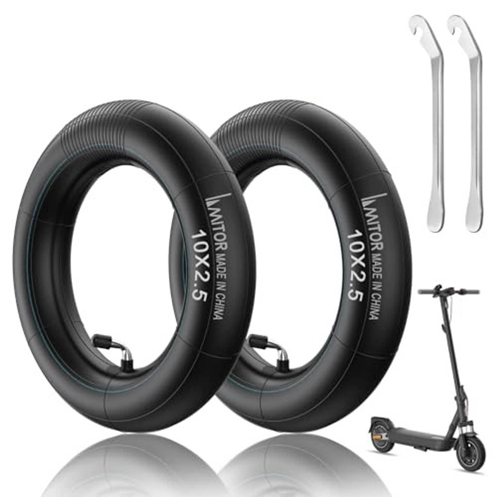 Two black scooter inner tubes with air valves and two silver tire levers included
