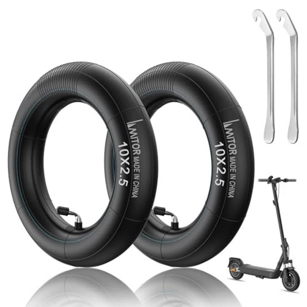 Two black scooter inner tubes with air valves and two silver tire levers included