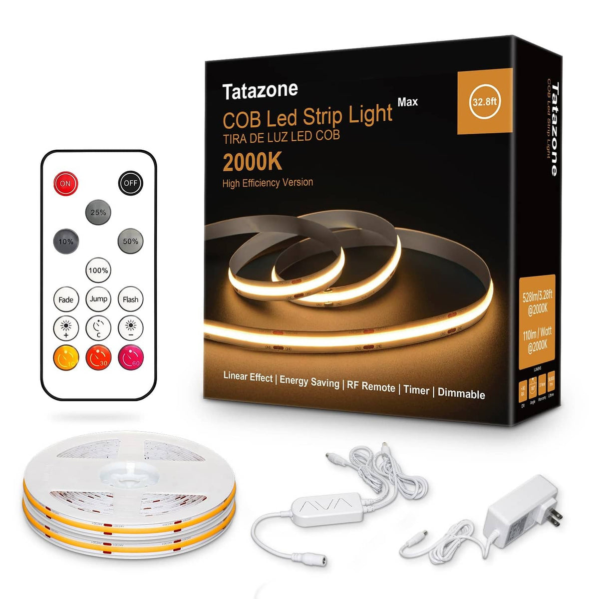 COB LED strip light kit with LED reel, power adapters, and RF remote in box