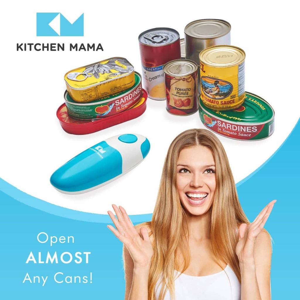 Kitchen can opener on a can rim, sky blue and white with rounded top head.