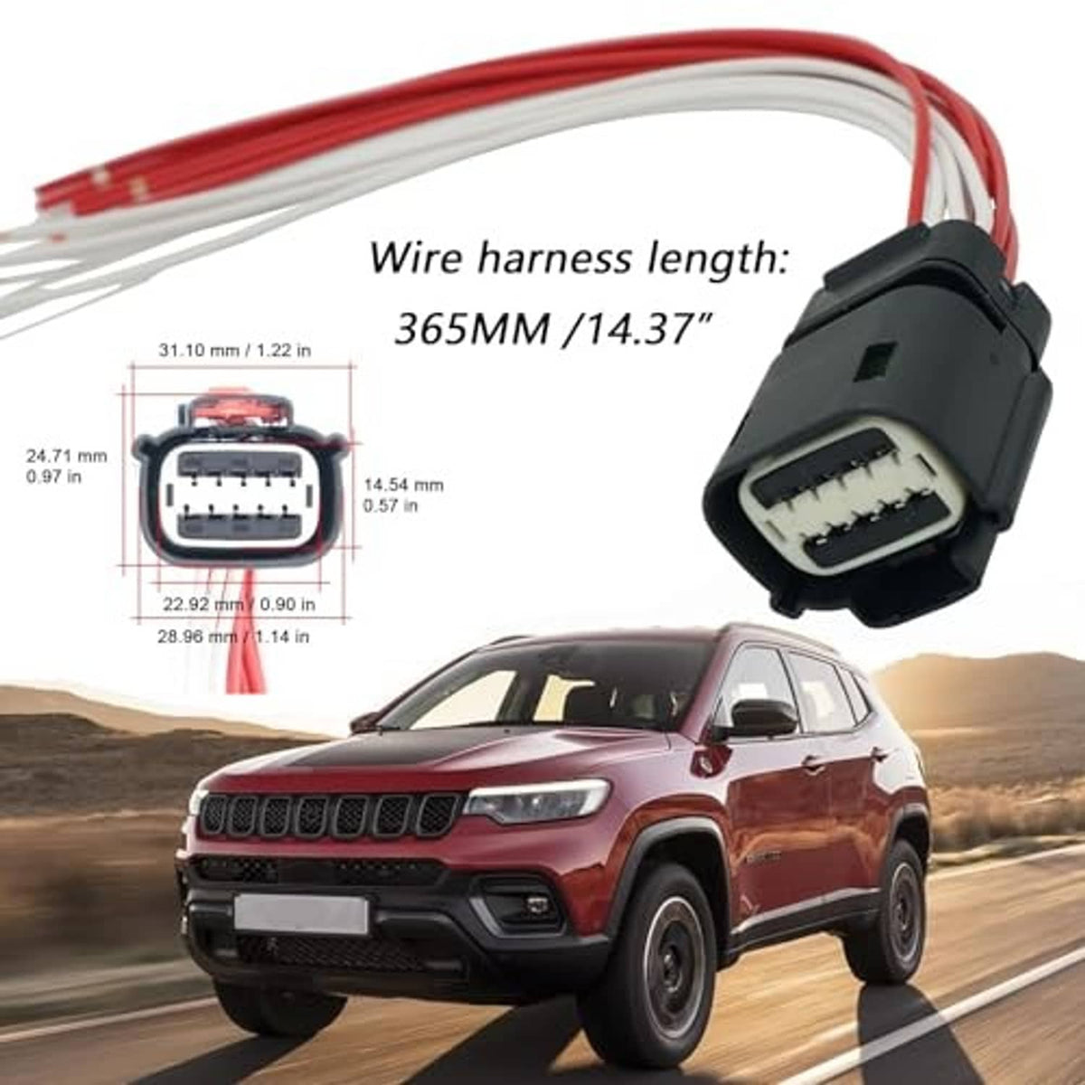 Headlight wiring harness connector with black plug and red/white wire leads