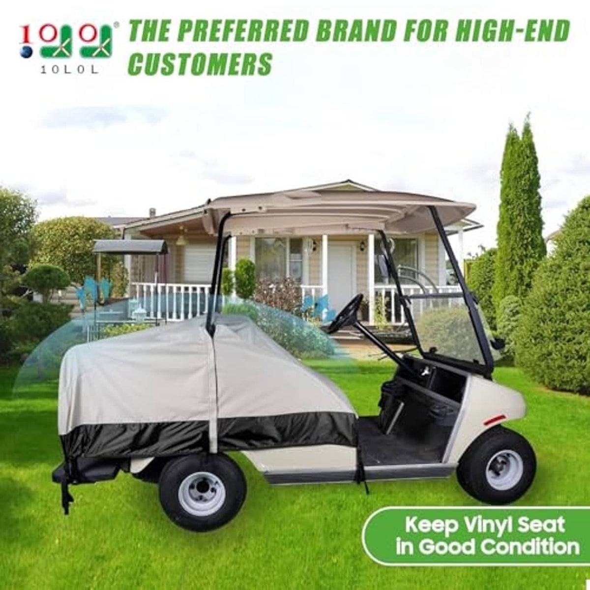 Beige and black waterproof seat cover fitted on a golf cart outdoors