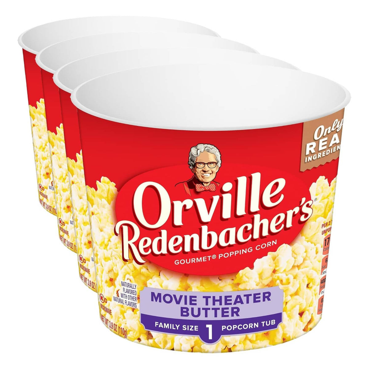 Movie Theater Butter microwave popcorn tub with red label and white lid