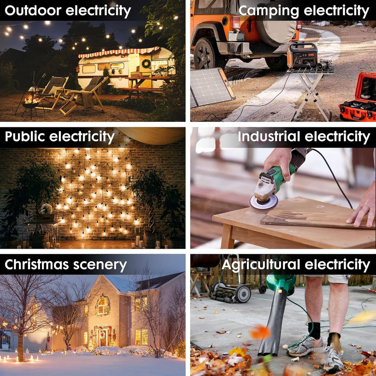 Black extension cord shown in outdoor, camping, and indoor use scenes