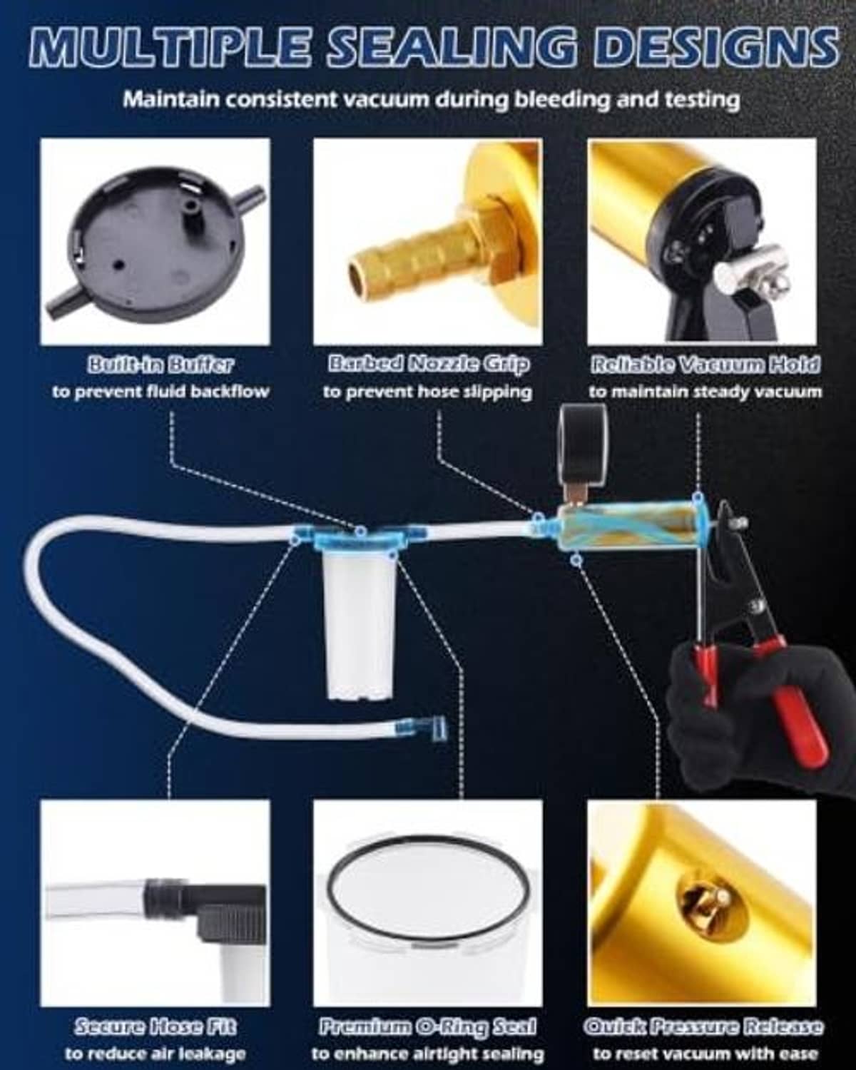 Vacuum brake bleeder kit with sealed adapter fittings, connected hose, and reservoir