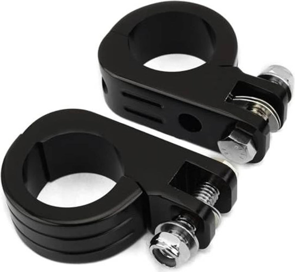 Black C/P-clamp foot peg mounts with silver bolts, set of two brackets