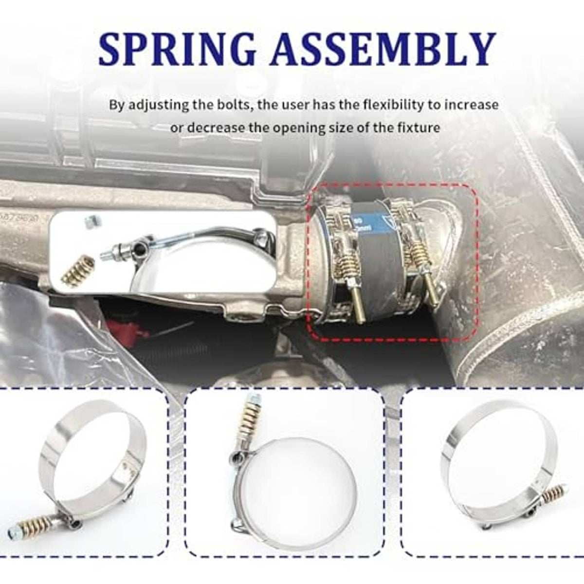 T-bolt hose clamp spring assembly with adjustable bolts for hose opening size