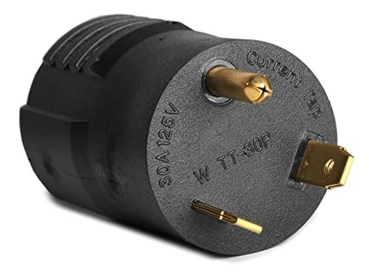 Dark gray twist-lock plug adapter with visible gold pins and side label cutout