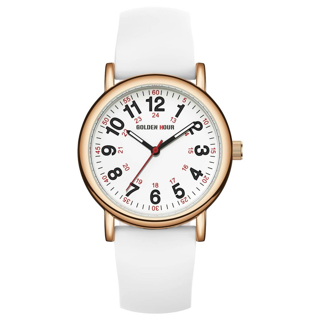 Rose gold nurse watch with round white dial, red hands, and white silicone strap