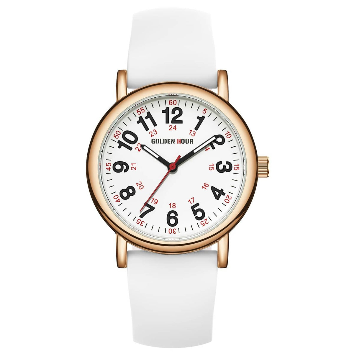 Rose gold nurse watch with round white dial, red hands, and white silicone strap