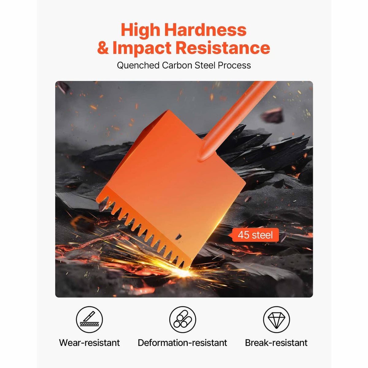 Orange roof shingle stripper shovel with wide serrated blade and D-grip handle