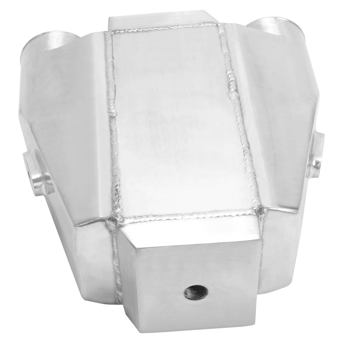 Universal air-to-water intercooler angled view with two side ports and central mounting plate