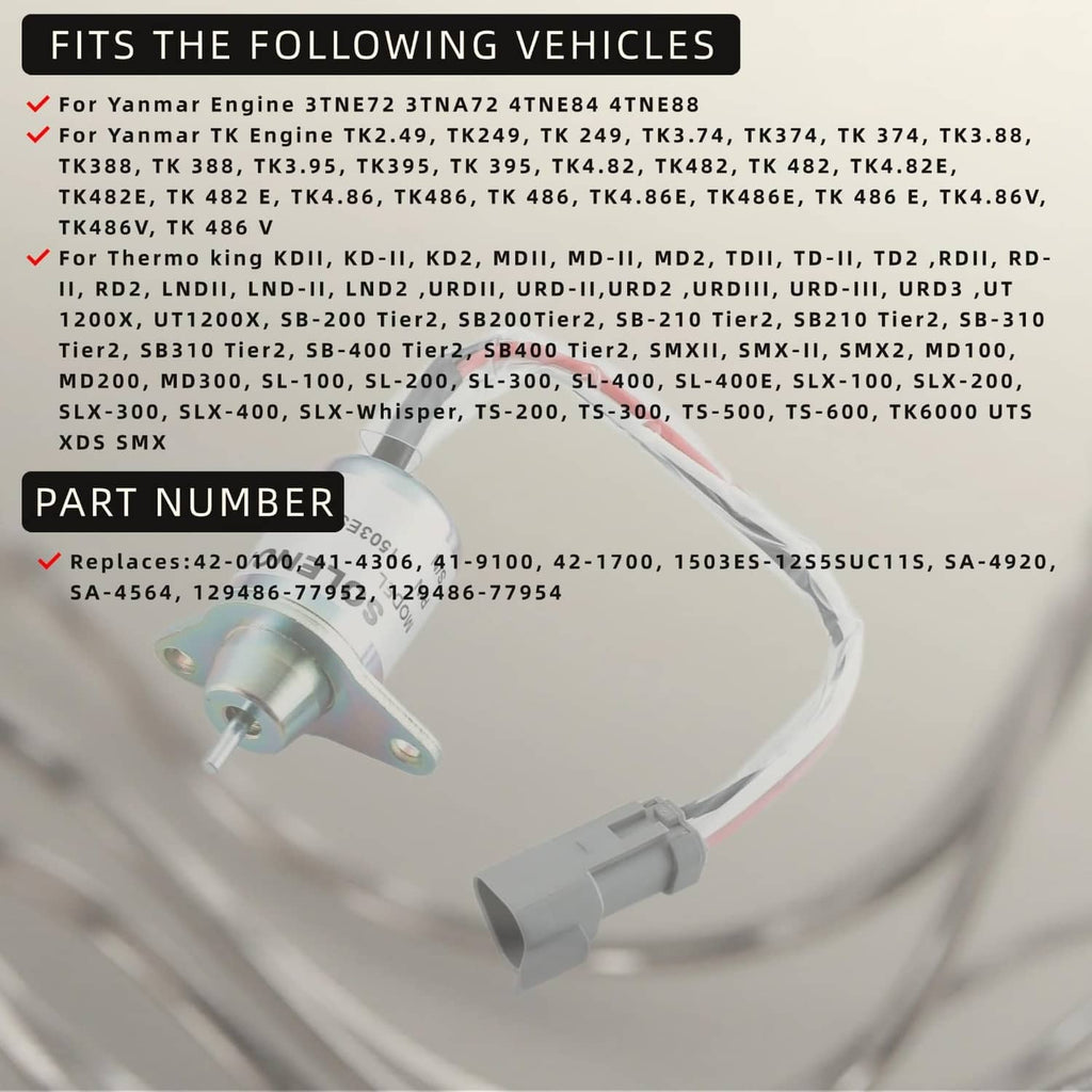 Fuel shut off solenoid with gray connector and wire harness, close-up view