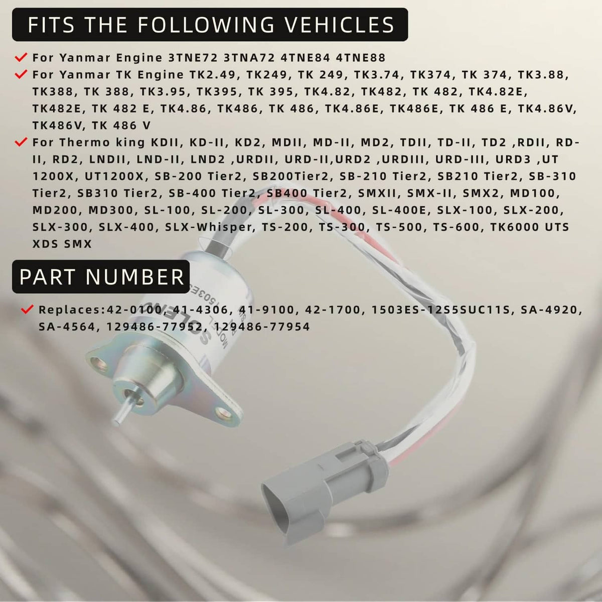 Fuel shut off solenoid with gray connector and wire harness, close-up view