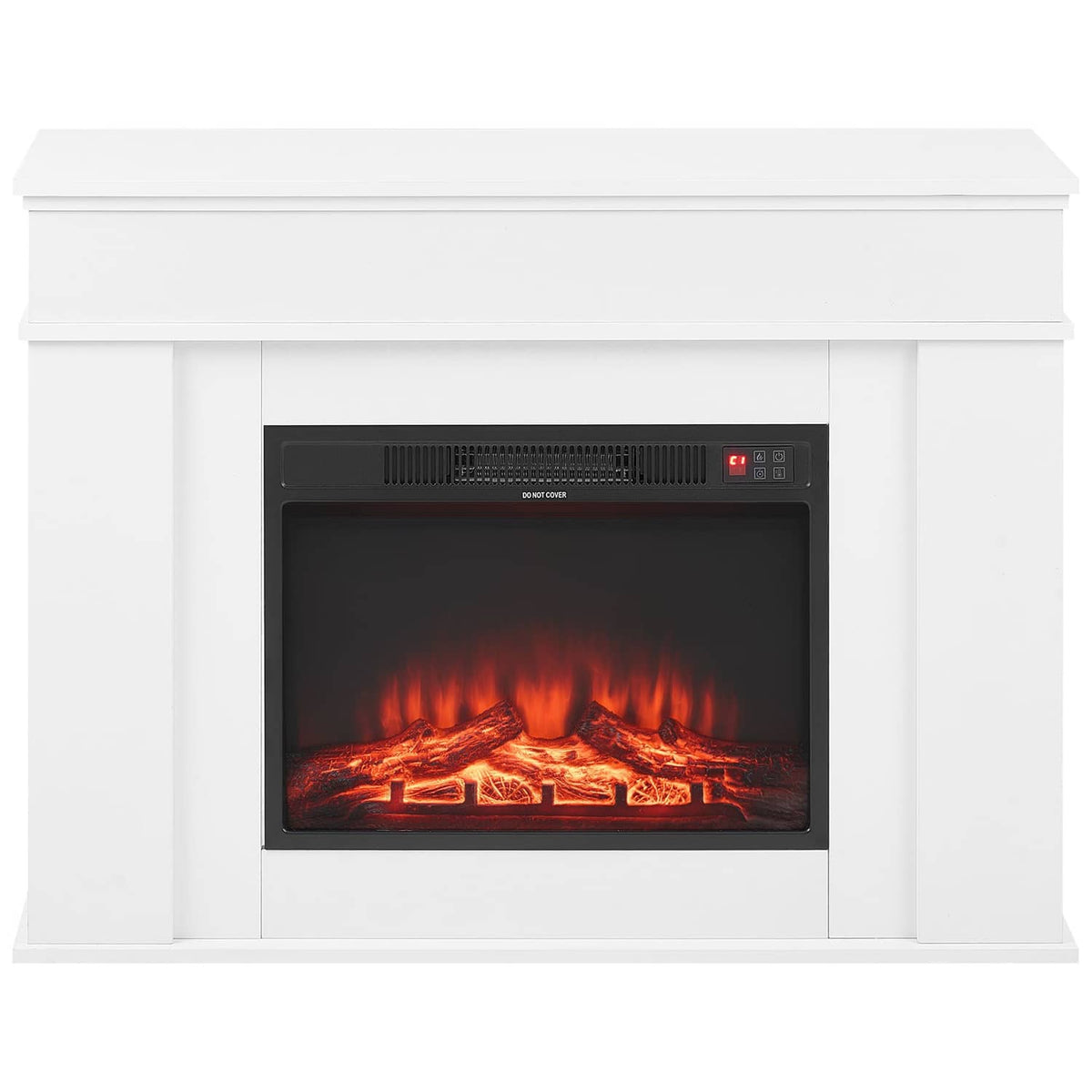 White freestanding electric fireplace mantel with dark firebox, flames, and top control panel