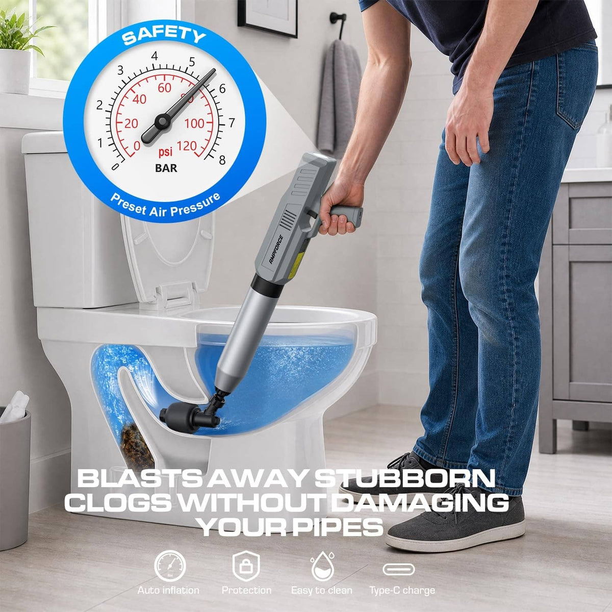 Dark gray electric toilet plunger with metal shaft and hand-held control handle