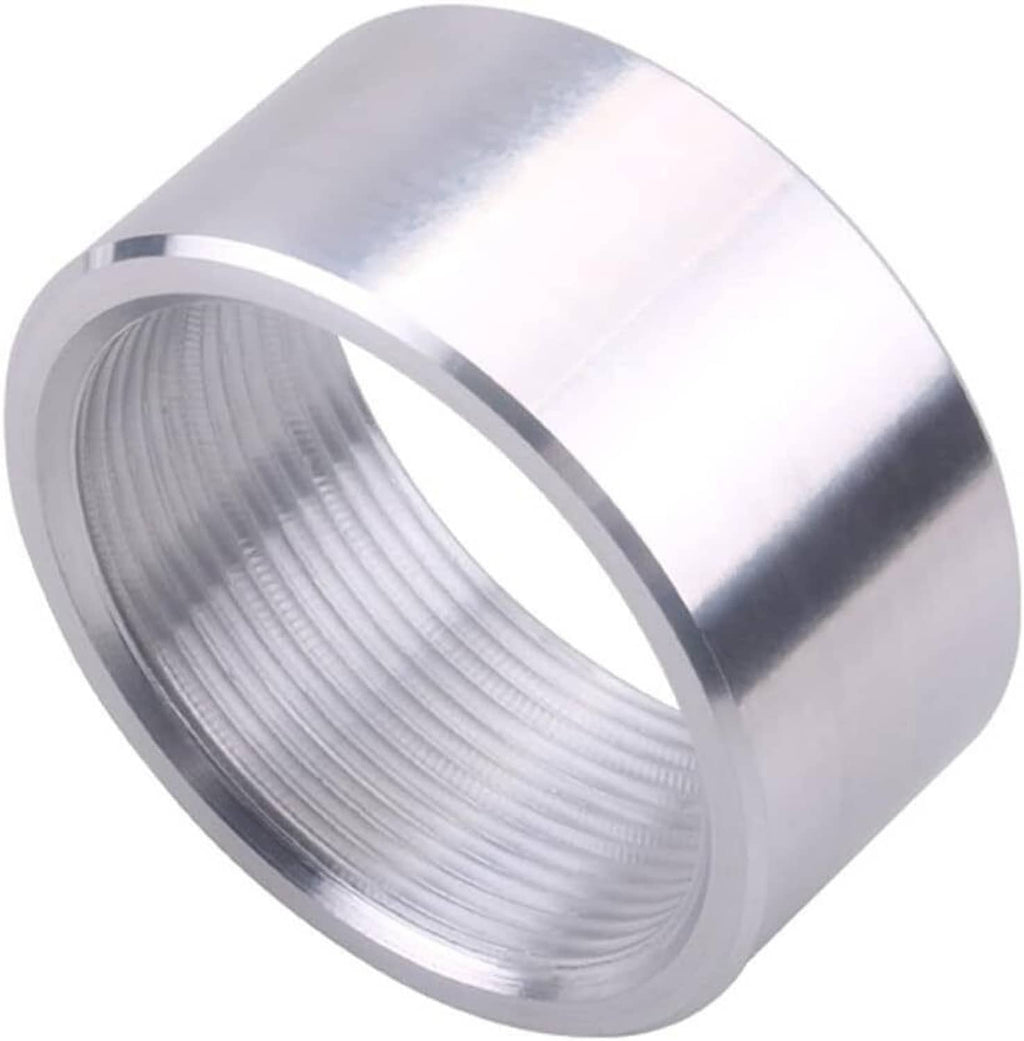 Aluminum weld-on pipe bung with NPT female threads, angled view