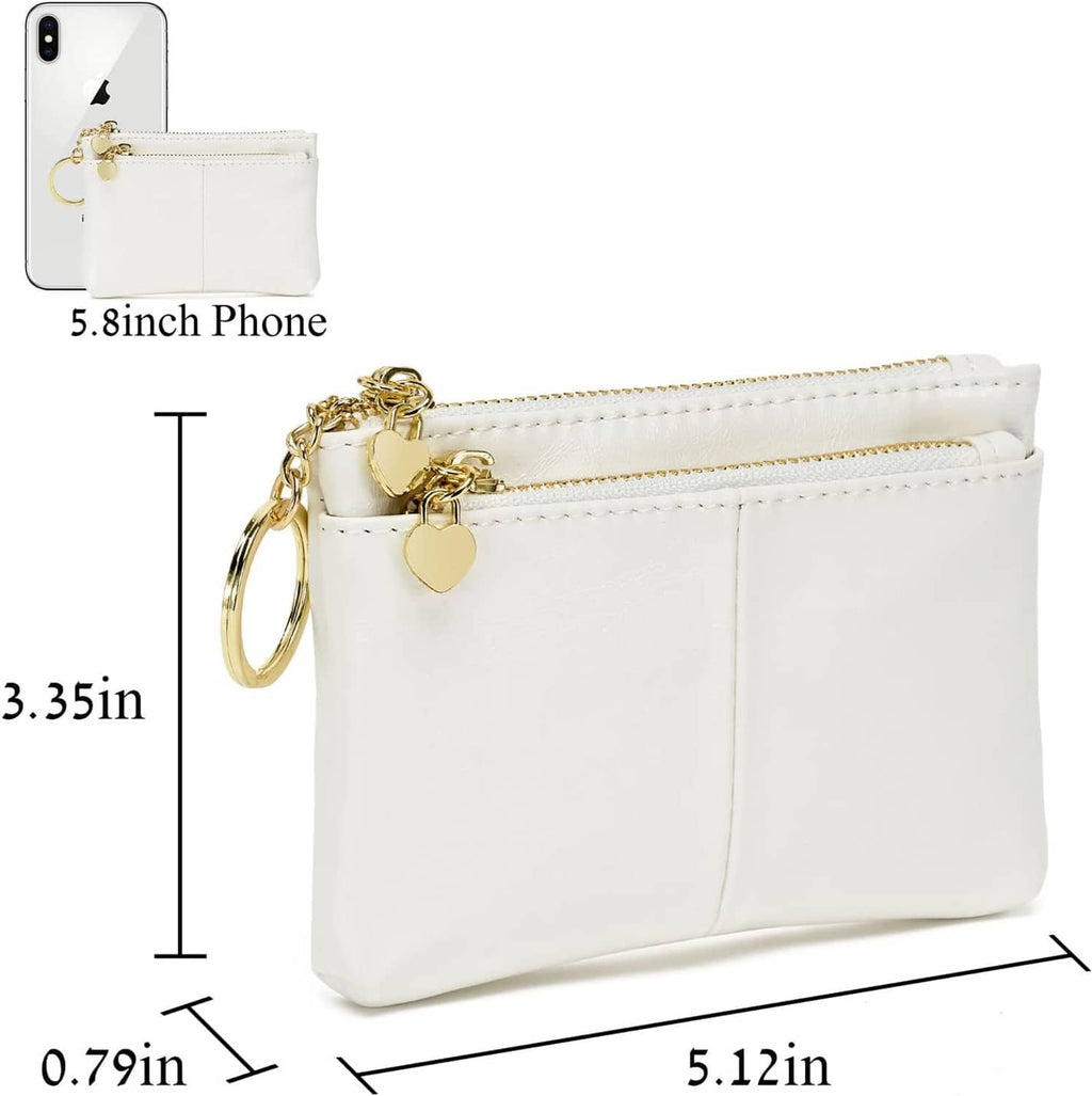 White mini coin purse with key ring charm, slim zip pouch profile