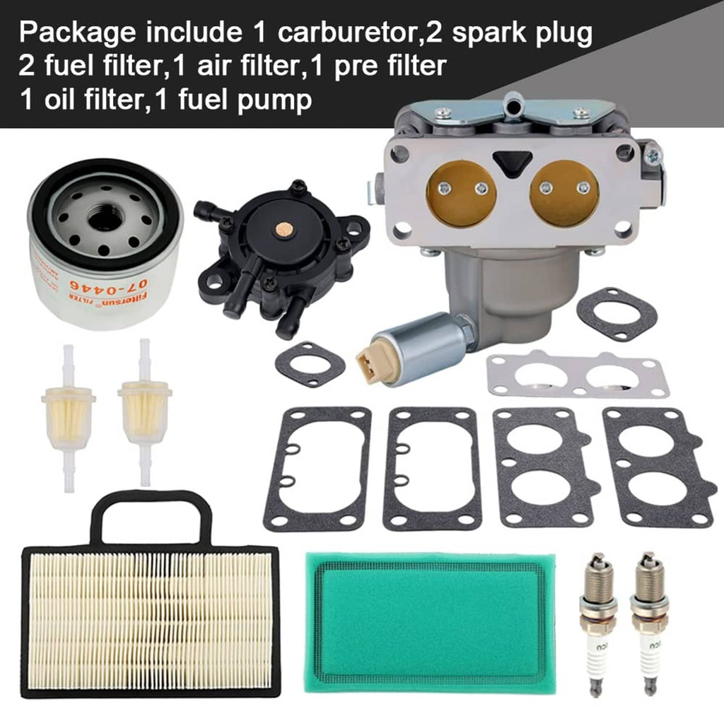 Carburetor kit parts: fuel & air filters, prefilter, oil filter, pump, spark plugs