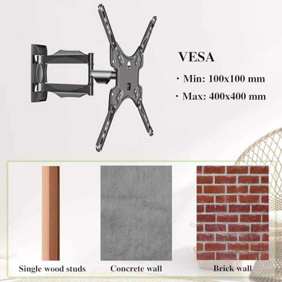 TV wall mount showing VESA minimum and maximum sizes with multi-position arms