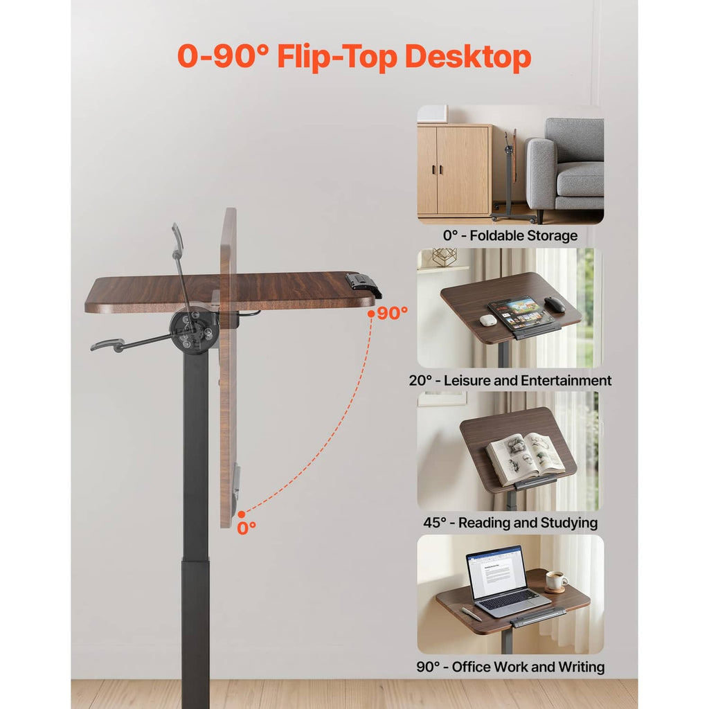Flip-top standing desk with brown wood surface and gray gas-lift column